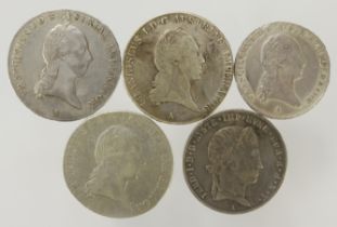 Austrian silver (5): Thalers: 1815A VF obv. repaired, 1821A VG/F, 1824C VF, 1847A ex-mount nVF
