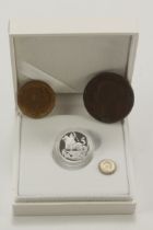 GB & Gibraltar (4): GB: Penny 1848 OT Fine, Halfpenny 1902 BU, silver Maundy Penny 1903 nFDC, and