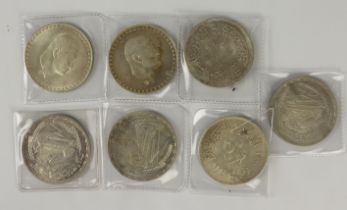 Egypt (7) crown-size .72 silver coins: 2x Nasser Pounds AH1390-1970 EF, and 5x Aswan Dam Pounds