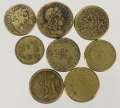 Coin Weights (8) including Royal Mint weights for Sovereign and Half Sov 1843, Half Guinea 1772,