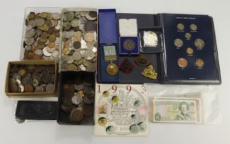 GB & World coins, sets, medals, badges, banknotes etc; an accumulation in a stacker box. Silver