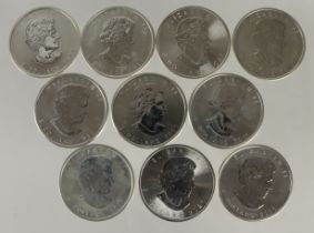 Canada silver 1oz Maple Leafs (10) All 2021. BU