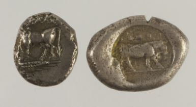 Ancient Greek silver (2): Poseidonia Stater 470-420 BC, Poseidon r. / Bull r. within incuse