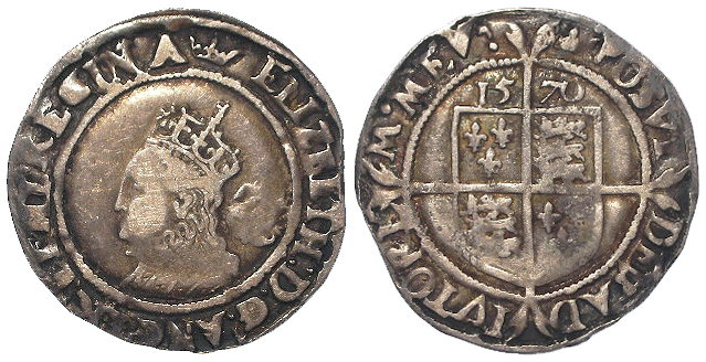 Elizabeth I hammered silver Sixpence 1570 mm. coronet, with an error in the obverse legend: '