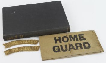 Home Guard pair of Titles with pair of Div patches, Home Guard arm band and book the Home Guard