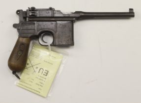 Pistol, a "RED 9" Mauser C96, 9mm Broomhandle, semi-automatic, SN: 38339, barrel 5.5", grips with