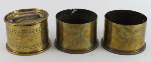 British Trench Art WW1 Howitzer shell cases, one has a Trench Art lid with handle. (3) Heavy (