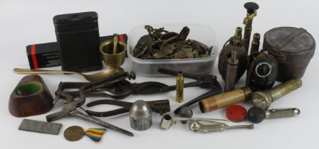 Blue crate of various old militaria, very mixed lot, worth closer inspection. (Buyer must collect)