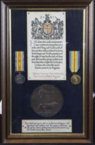 BWM & Victory Medal, Death Plaque and Memorial Scroll displayed in a large old glazed frame for (