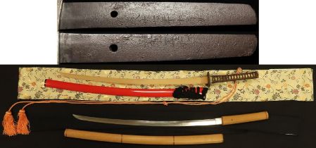 Japanese Katana in shirasaya (wooden mounts), tang signed, c1400's, koshirae (mountings) for the