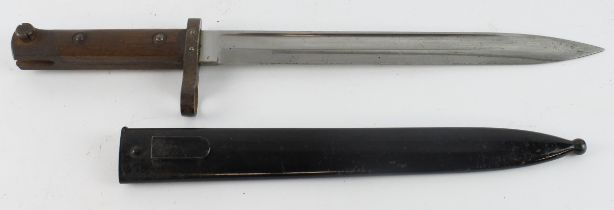 Austrian M1895 knife bayonet in its steel scabbard, blade 10", ricasso marked OE/WG, cutting edge on