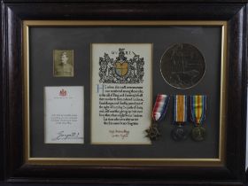 1915 Star Trio + Death Plaque and Scroll mounted in old glazed frame for (265684 Sjt Andrew Hogg 6th