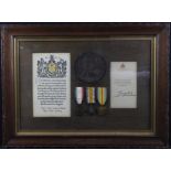 1915 Star Trio + Death Plaque and Memorial Scroll mounted in old glazed frame for (91133 Dvr Frank