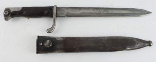 Great War Turkish bayonet, shortened blade, worn overall, in its modified steel scabbard,