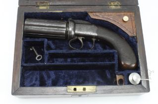 Pistol, a fine cased 6 shot Pepper box revolver by Branch & Son London. Bar hammer with acanthus