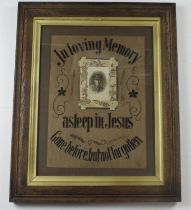 WW1 casualty tapestry in frame with photo to the centre. (Buyer collects).