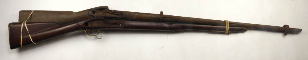 Military Stocks (2) *worn stock and two barrel bands for a percussion rifle. *a good stock, trigger,