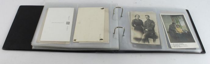 WW1 and WW2 post card photo album with 66 portrait group postcard photos etc., in folder.