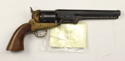 Italian REPLICA of an 1851 Colt Navy Revolver, brass frame, barrel 7.5", one piece wood grip, a