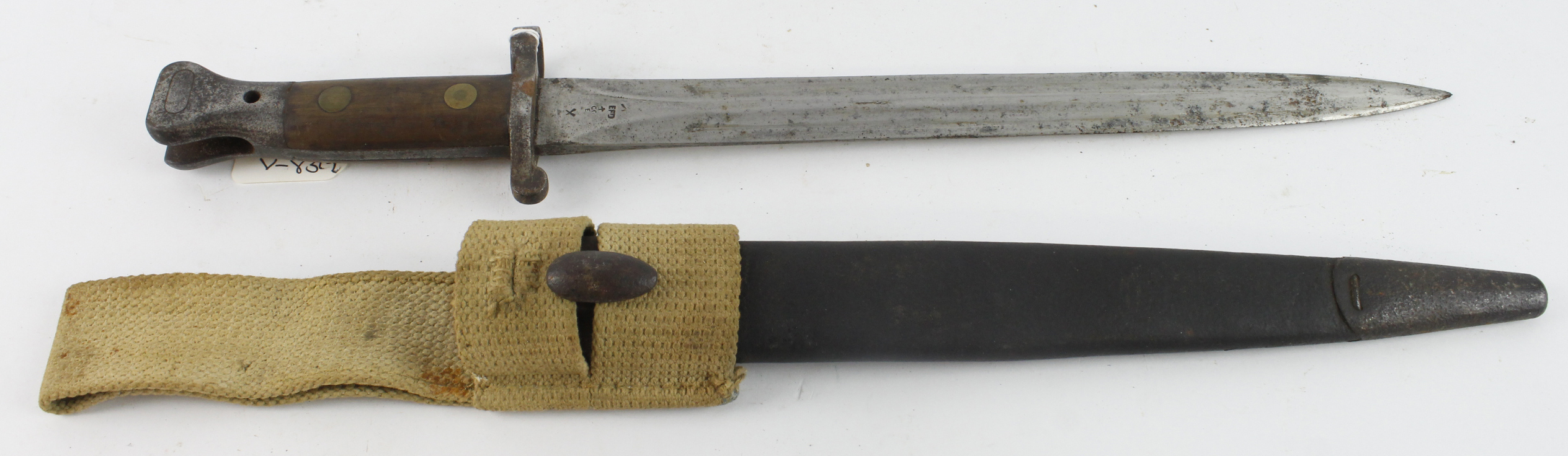 British Pattern 1888 MkII bayonet in its steel mounted leather scabbard with later ME Co frog,