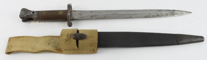 British Pattern 1888 MkII bayonet in its steel mounted leather scabbard with later ME Co frog,