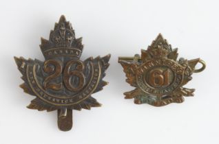 Canadian WW1 badges - 26 New Brunswick Battalion, and 61 Winnipeg Overseas Battalion (maker marked).