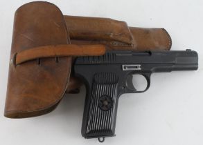 Russian MFG Hudson blank firing automatic pistol in original brown leather holster with spare mag.