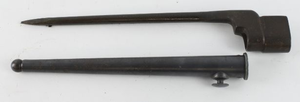 British No4 MkII Spike bayonet for the No4 Rifle, made by "Singer", in its steel scabbard, WW2