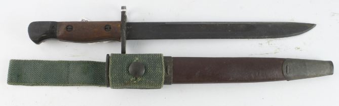Australian OWEN SMG bayonet, fullered SMLE Patt blade 10", dated 44 (1944), bayonet grips marked "