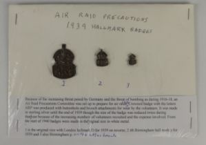 Air Raid Precautions set of three different sized badges, all silver hallmarked 1939