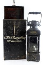 Boer War Victorian trench or camp lantern in its original metal black painted storage case. With