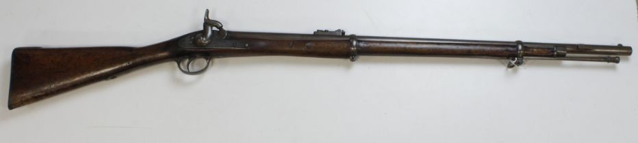 Early 2 band Enfield P'53 Short Rifle, barrel 32", calibre .577, lock marked Tower "Crown - VR"