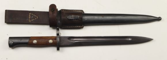 Mauser export bayonet, possibly the Portugese M1934 in its steel scabbard with leather frog, ricasso