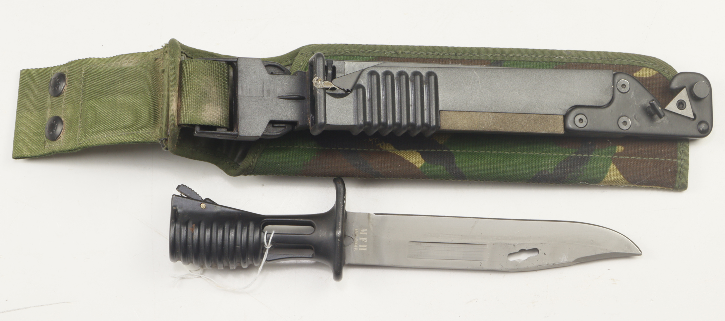 SA80 Bayonet, all steel construction, wire cutter, in its plastic scabbard with its canvas camo frog