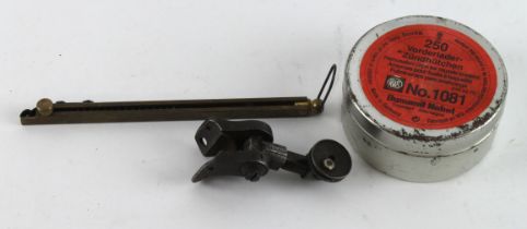 Vintage Gun related items including Parker Hale rifle sight, percussion cap dispenser, percussion