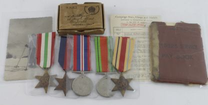 WW2 medal group with documents consisting of 1939-45 star, Africa star, Italy star, Defence and