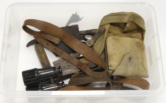 WW1 military equipment box full including US entrenching tool, webbing, wire cutters, Sam brown,