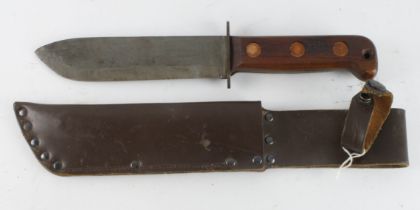 British MOD Model "D" Survival knife, heavy blade 7", three copper rivet, wooden grips, in its
