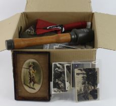 Large mixed militaria collection incl photos, badges, ribbons, cartridge shells, spurs, German Flag,