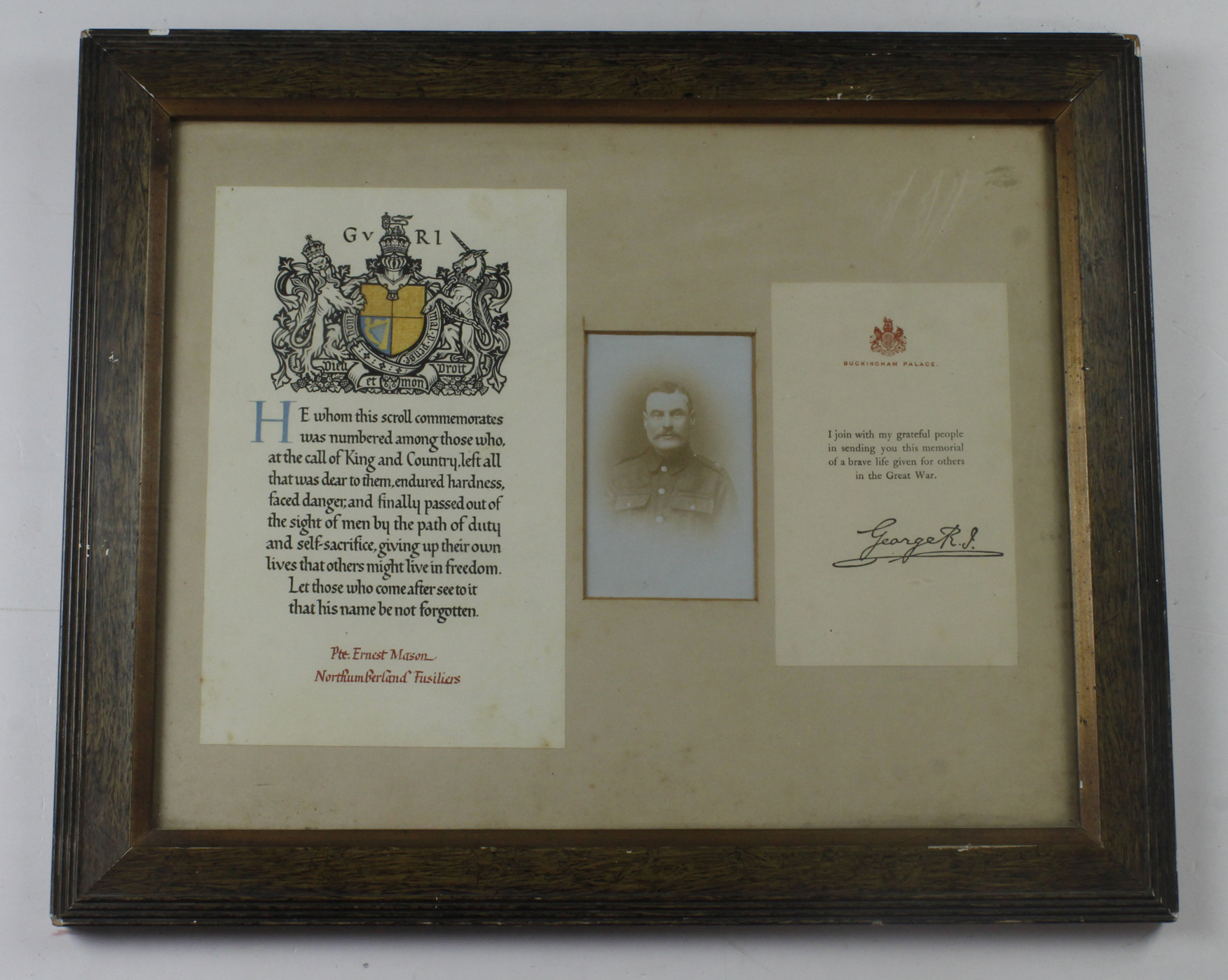 WW1 framed casualty scroll with kings condolence letter and portrait photo to Ernest Mason,