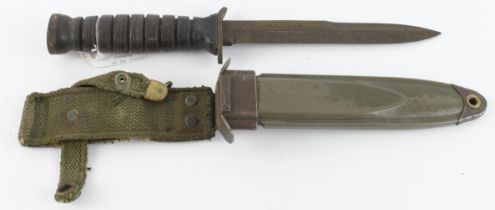 WW2 US Paratroopers M3 Fighting Knife Dated 1943. Makers name on the cross guard, flaming bomb stamp