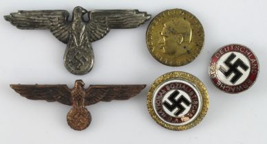 German 3rd Reich Gold finish Party pin badge and others, cap eagles.