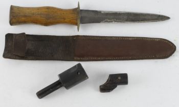 Unmarked (Deck) knife, broad wooden grip, blade 6", double edged with grinding marks, in its leather