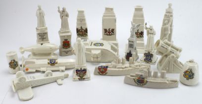 WWI Crested China. A collection of eighteen pieces of WWI crested china, depicting memorial statues,