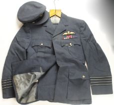 RAF WW2 pilots uniform jacket, trousers and hat with kings crown pilots wings and kings crown