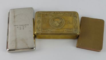 WW1 1914 Princess Mary gift tin with 1917 soldiers pocket bible and a cigarette case named to Pte F.