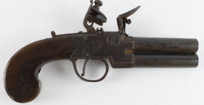 Flintlock late 18th century double barrel under and over box lock pistol with signed lock.