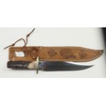 Hand forged Bowie knife by "R. Middleton Sheffield, England". Clipped back blade 8", staghorn grips,