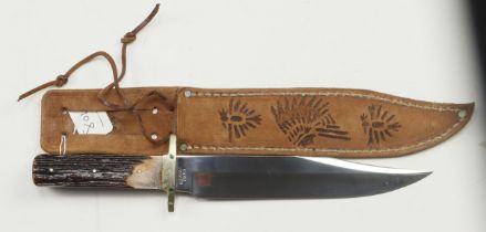Hand forged Bowie knife by "R. Middleton Sheffield, England". Clipped back blade 8", staghorn grips,