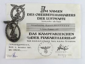 German 3rd Reich Flack badge and certificate to Kurt Rottmann.